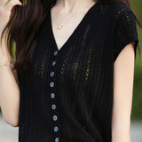 Hollow V-neck ribbed knit short sleeve