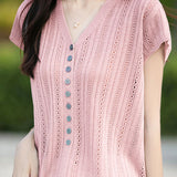 Hollow V-neck ribbed knit short sleeve
