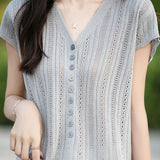Hollow V-neck ribbed knit short sleeve