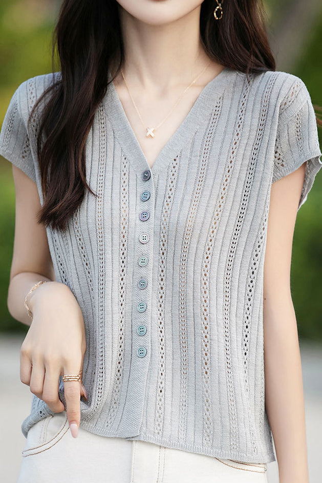 Hollow V-neck ribbed knit short sleeve - liwisi