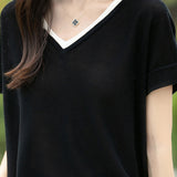 Color-block design knit short sleeve casual T-shirt