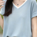Color-block design knit short sleeve casual T-shirt