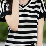 Color-block design knit short sleeve casual T-shirt