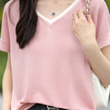 Color-block design knit short sleeve casual T-shirt