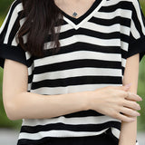Color-block design knit short sleeve casual T-shirt
