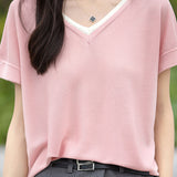 Color-block design knit short sleeve casual T-shirt