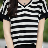 Color-block design knit short sleeve casual T-shirt