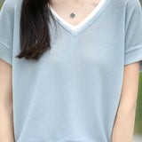 Color-block design knit short sleeve casual T-shirt