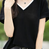 Color-block design knit short sleeve casual T-shirt