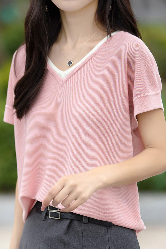 Color-block design knit short sleeve casual T-shirt - liwisi