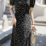 French-Style Floral Square-Neck Dress