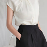 French-Style Twisted Pleat Commuting Shirt With Stand Collar