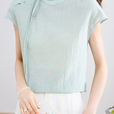 Elegant Tie-Neck Stand Collar Drop Shoulder Sleeve T-Shirt