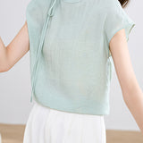 Elegant Tie-Neck Stand Collar Drop Shoulder Sleeve T-Shirt