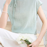Elegant Tie-Neck Stand Collar Drop Shoulder Sleeve T-Shirt