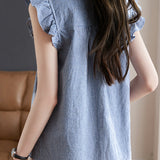 French Design Ruffled Sleeve Checkered Shirt