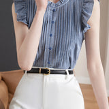 French Design Ruffled Sleeve Checkered Shirt