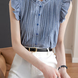 French Design Ruffled Sleeve Checkered Shirt