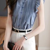French Design Ruffled Sleeve Checkered Shirt