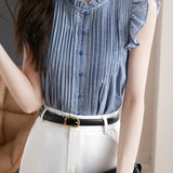 French Design Ruffled Sleeve Checkered Shirt
