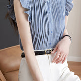 French Design Ruffled Sleeve Checkered Shirt