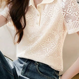 Hollow Out Textured Lace Collared Shirt