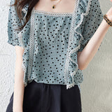 Lace Ruffle Polka Dot Printed T-Shirt