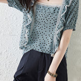 Lace Ruffle Polka Dot Printed T-Shirt