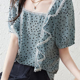 Lace Ruffle Polka Dot Printed T-Shirt