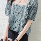 Lace Ruffle Polka Dot Printed T-Shirt