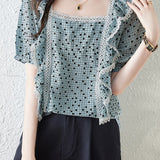 Lace Ruffle Polka Dot Printed T-Shirt
