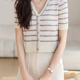 Striped Color Block Versatile Knit Short Sleeve