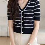 Striped Color Block Versatile Knit Short Sleeve