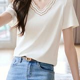 Casual Artistic V-Neck Embroidered T-Shirt