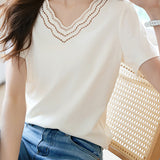 Casual Artistic V-Neck Embroidered T-Shirt