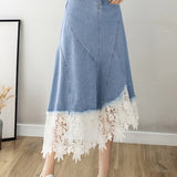Elegant Lace Splicing Denim Skirt