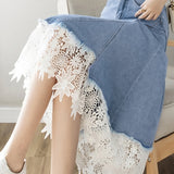 Elegant Lace Splicing Denim Skirt