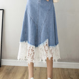 Elegant Lace Splicing Denim Skirt