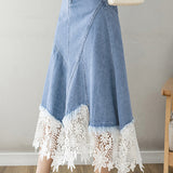 Elegant Lace Splicing Denim Skirt