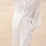 Versatile White Ruffled Faux Silk Shirt