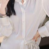 Versatile White Ruffled Faux Silk Shirt