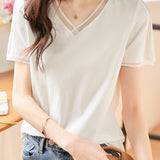 Elegant Versatile V-neck White Short-sleeve T-shirt