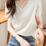 Elegant Versatile V-neck White Short-sleeve T-shirt