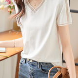 Elegant Versatile V-neck White Short-sleeve T-shirt