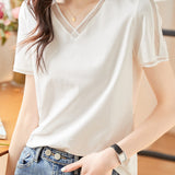 Elegant Versatile V-neck White Short-sleeve T-shirt