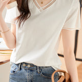 Elegant Versatile V-neck White Short-sleeve T-shirt