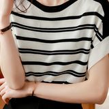 Minimalist Striped Ice Silk Knit T-shirt
