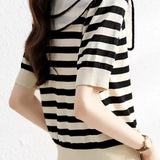 Peter Pan Collar Ice Silk Short Sleeve Knit Top