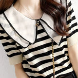 Peter Pan Collar Ice Silk Short Sleeve Knit Top