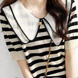 Peter Pan Collar Ice Silk Short Sleeve Knit Top